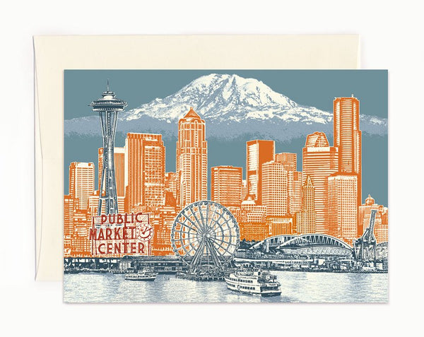 Seattle Notecard -- Seattle to Mt. Rainier -- folded Greeting Card -- Single or Set of 6 -- Seattle Washington
