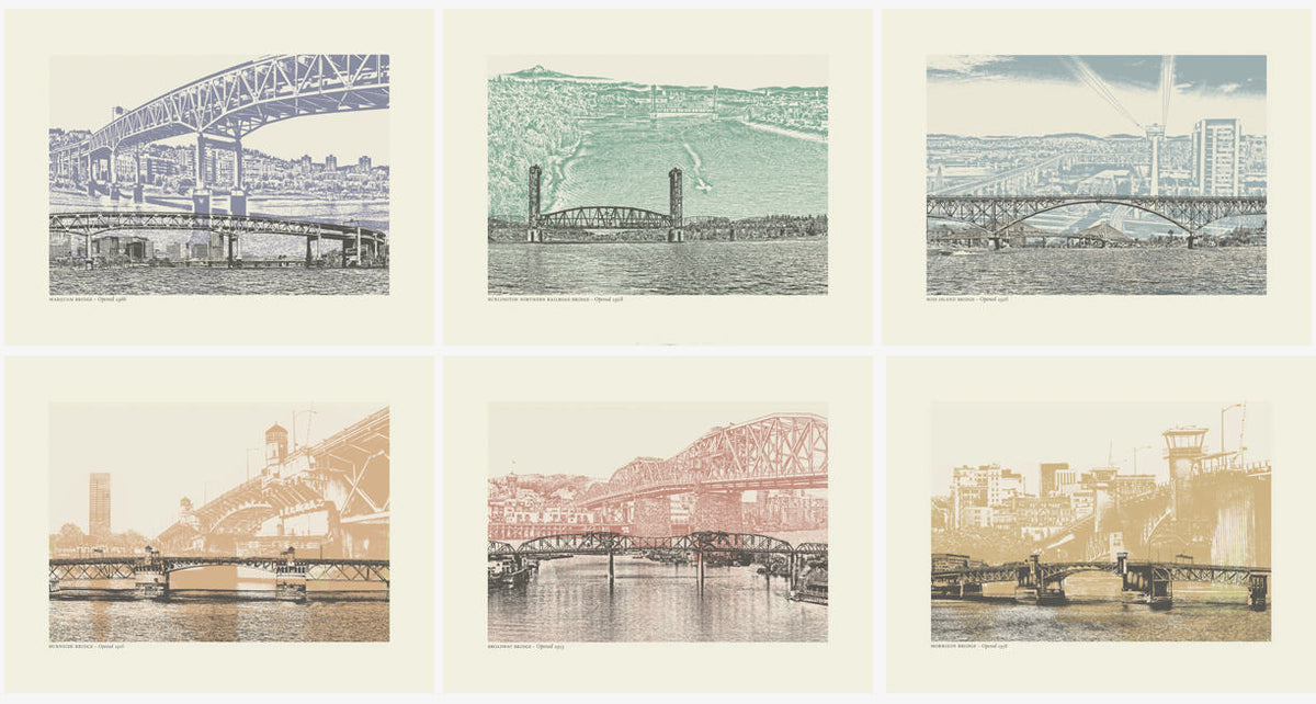 Portland Oregon Bridges -- Color Bridge Art Prints -- 8.5x11
