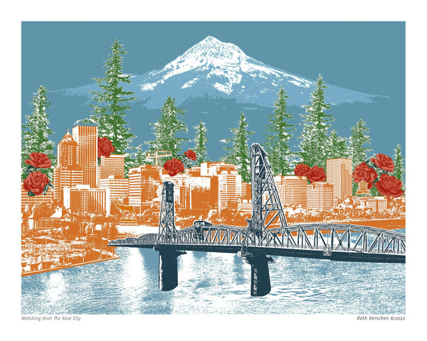 Portland, Oregon – Art Print & Canvas Wrap – Watching Over The Rose City with Hawthorne Bridge