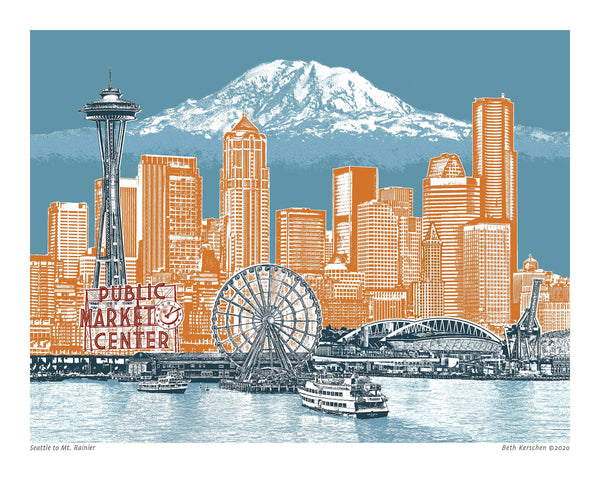 Seattle – Archival Art Print or Canvas Wrap – Seattle to Mt. Rainier– Blue Skies