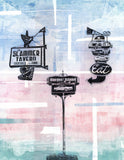 A composition made with washes of ink of blue, light magenta, and green. Then it has three signs from Portland, Oregon -- The Slammer Tavern marquee, a food truck sign that says EAT, and a Burger Island sign.