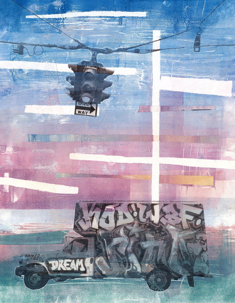 An art print with washes of soft blue, magenta and green tones, with a hanging street light with a one way sign. It hangs over a truck that has graffiti and the word DREAM on it.