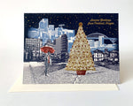 Portland Oregon cityscape illustration - holiday tree in Pioneer&#39;s Square in the evening! The tree, stars, and the Seasons Greetings message are made with a beautiful gold-bronze colored foil, providing a wonderful holiday light effect.