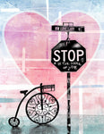 A colorful art print with pastel blues, greens, and pinks. It has a old fashioned bike and a Stop sign that says, &quot;STOP in the name of love&quot; with a big heart in the background.