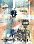 A colorful art print with oranges, yellows, and greens, with a dash of blue. A street light above and a truck with graffiti below with &quot;DREAM&quot; written on it. Then it has a Stop sign that says &quot;Don&#39;t Stop Believin&#39;&quot;