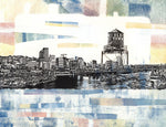 A colorful art print of muted yellows, blues, reds, and greens with a skyline of Portland, Oregon and the Old Town water tower.