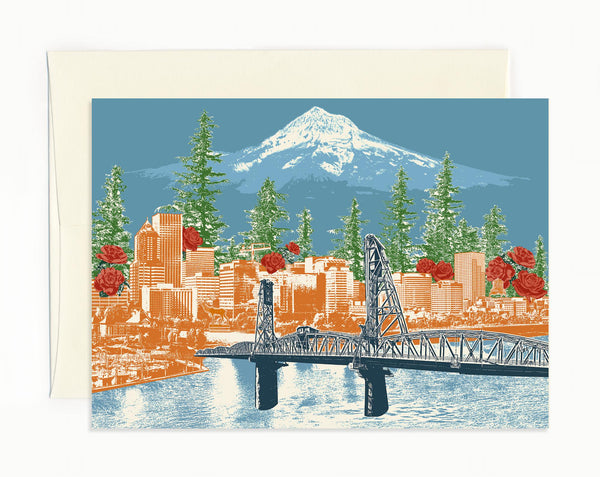 Portland Oregon Notecard -- Watching Over the Rose City -- Folded Greeting Card -- Set of 8