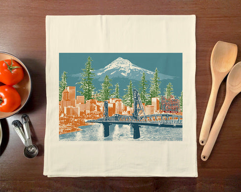 Portland, Oregon Cityscape Towel – Watching Over Portland – Tea Towel