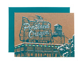 Portland Holiday Themed Notecard  -- Portland Sign with Rudolf -- Hand Colored -- 5.5x4.5 -- Single or a Set of 6