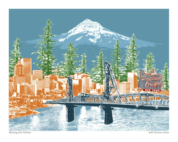 Portland Art Print – Watching Over Portland – Blue Skies