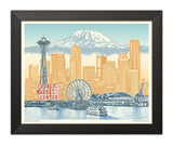 Seattle Archival Paper Art Print or Canvas Wrap – Seattle to Mt. Rainier– Blue Skies
