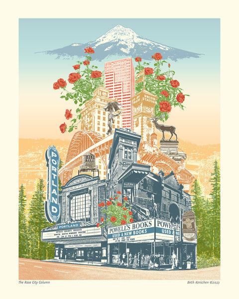 Portland, Oregon Art Print & Canvas Wrap – The Rose City Column - Vintage Vibe
