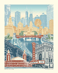 An art print of Chicago and many landmarks and the skyline