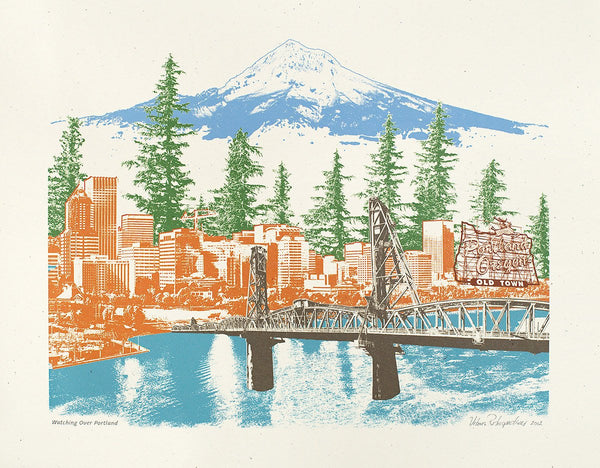 Portland Art Print --- Watching Over Portland -- 8.5x11, 11x14, and 16x20 Poster
